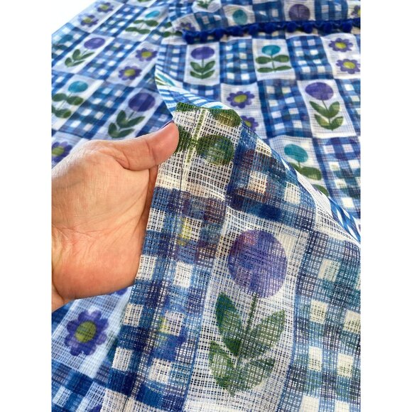 Vintage 70s curtain with pompoms, blue purple green floral, pair or single panel - Picture 7 of 10
